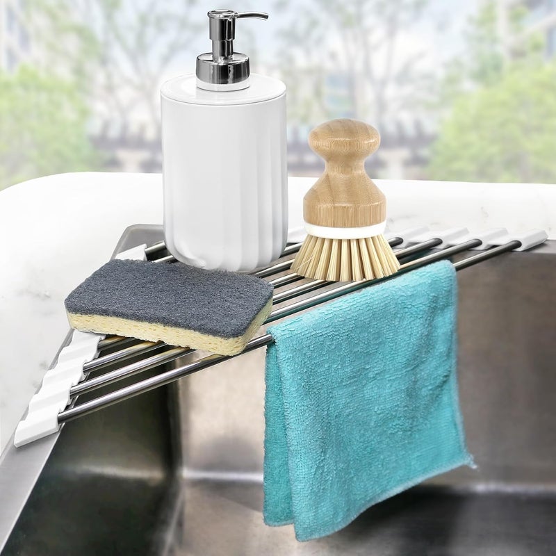 Seropy Sink Caddy Sponge Holder for Kitchen Sink, Small Dish Drainer for Kitchen Counter, Triangle Sink Brush Drainer Rack, Collapsible Dishes Drying Rack Over Sinks, Dishrack Utensil Holder Dryer White - Image 1